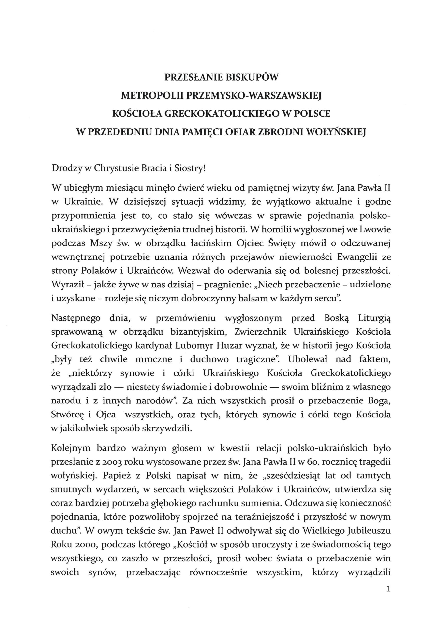 przeslanie biskupow greckokatolickich w przedeniu dnia pamieci ofiar zbrodni wolynskiej page 0001 scaled